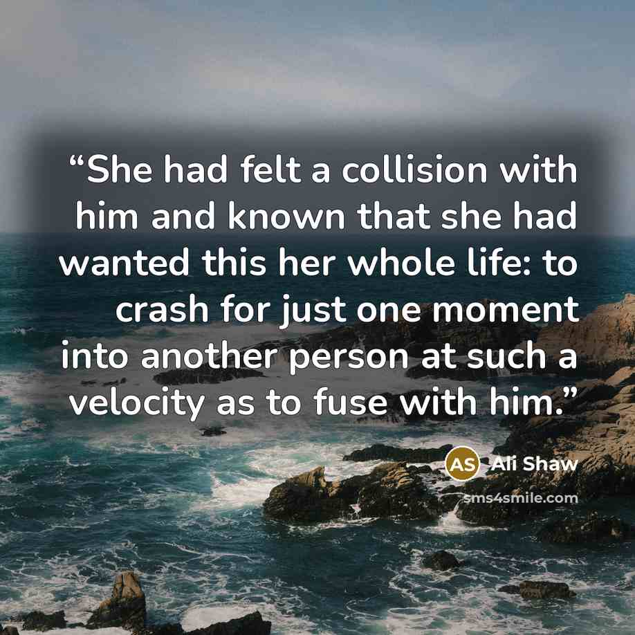 “She had felt a collision with him and known that she had wanted this her whole life: to crash for just one moment into another person at such a velocity as to fuse with him.” quote by Ali Shaw