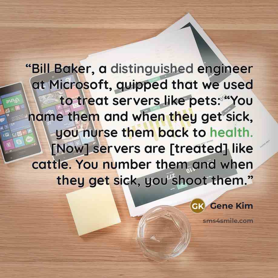“Bill Baker, a distinguished engineer at Microsoft, quipped that we used to treat servers like pets: “You name them and when they get sick, you nurse them back to health. [Now] servers are [treated] like cattle. You number them and when they get sick, you shoot them.” quote by Gene Kim