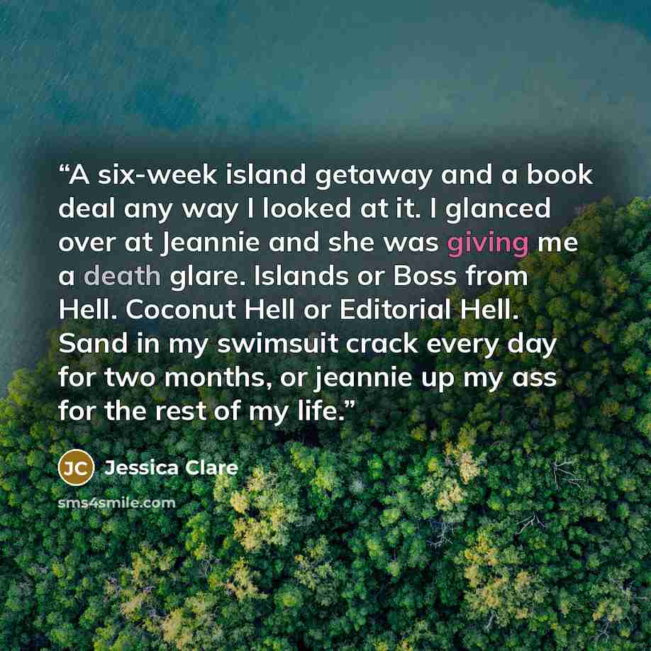 “A six-week island getaway and a book deal any way I looked at it. I glanced over at Jeannie and she was giving me a death glare. Islands or Boss from Hell. Coconut Hell or Editorial Hell. Sand in my swimsuit crack every day for two months, or jeannie up my ass for the rest of my life.” quote by Jessica Clare