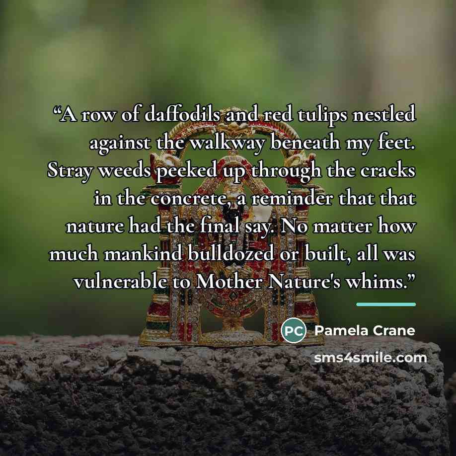 “A row of daffodils and red tulips nestled against the walkway beneath my feet. Stray weeds peeked up through the cracks in the concrete, a reminder that that nature had the final say. No matter how much mankind bulldozed or built, all was vulnerable to Mother Nature's whims.” quote by Pamela Crane