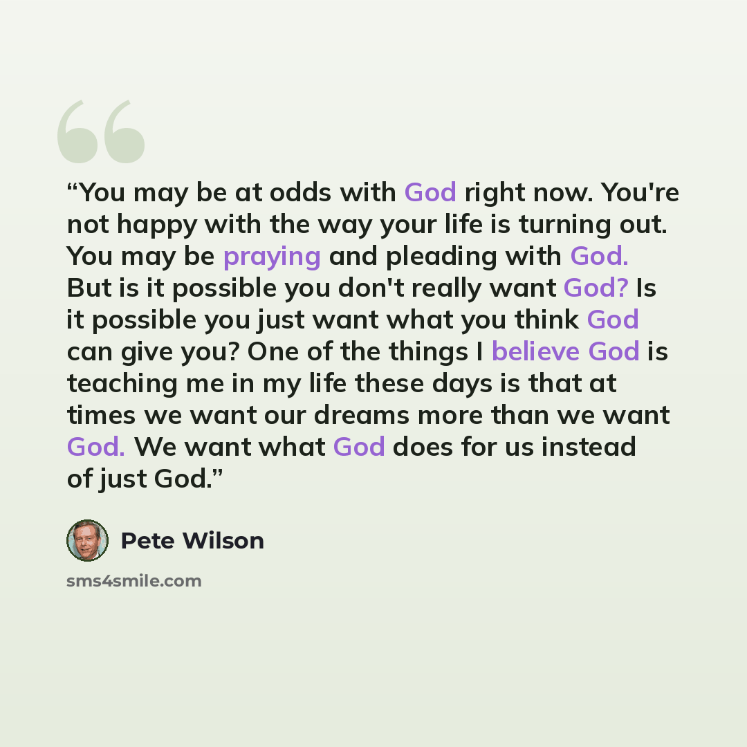 “You may be at odds with God right now. You're not happy with the way your life is turning out. You may be praying and pleading with God. But is it possible you don't really want God? Is it possible you just want what you think God can give you? One of the things I believe God is teaching me in my…” quote by Pete Wilson