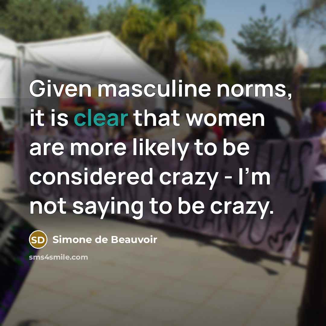 “Given masculine norms, it is clear that women are more likely to be considered crazy - I'm not saying to be crazy.” quote by Simone de Beauvoir