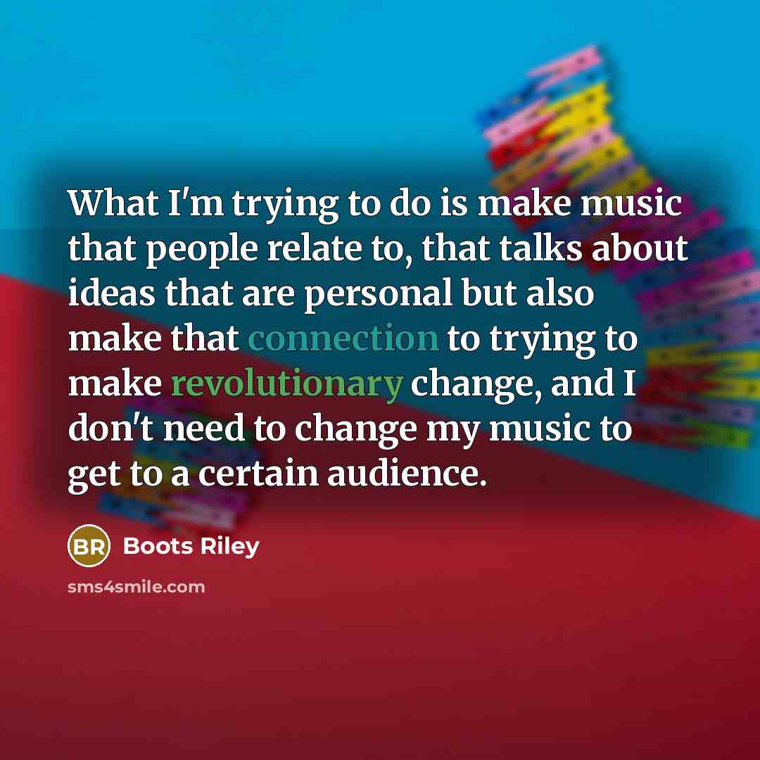 “What I'm trying to do is make music that people relate to, that talks about ideas that are personal but also make that connection to trying to make revolutionary change, and I don't need to change my music to get to a certain audience.” quote by Boots Riley