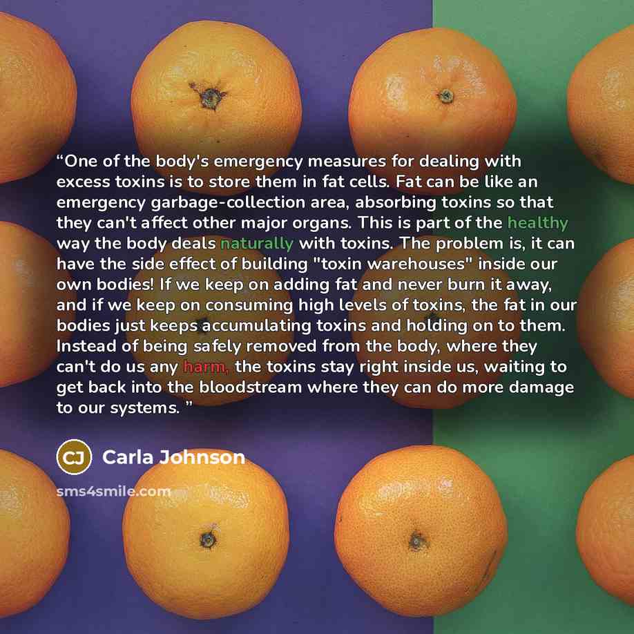 “One of the body's emergency measures for dealing with excess toxins is to store them in fat cells. Fat can be like an emergency garbage-collection area, absorbing toxins so that they can't affect other major organs. This is part of the healthy way the body deals naturally with toxins. The problem…” quote by Carla Johnson
