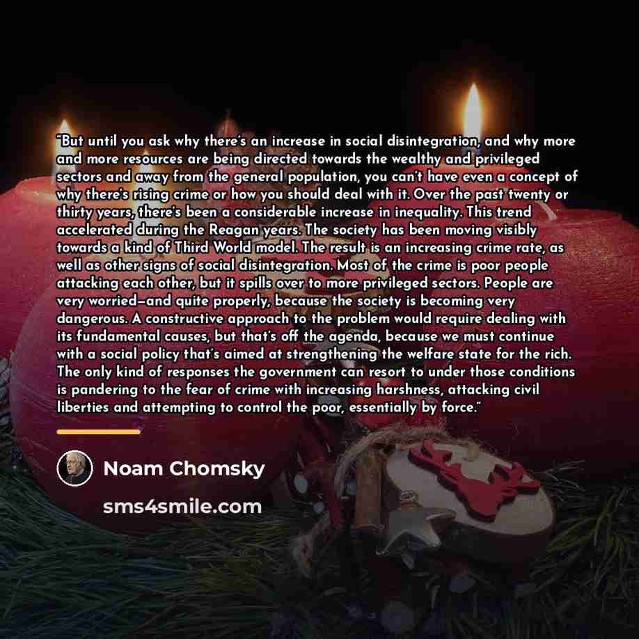 “But until you ask why there’s an increase in social disintegration, and why more and more resources are being directed towards the wealthy and privileged sectors and away from the general population, you can’t have even a concept of why there’s rising crime or how you should deal with it. Over the…” quote by Noam Chomsky