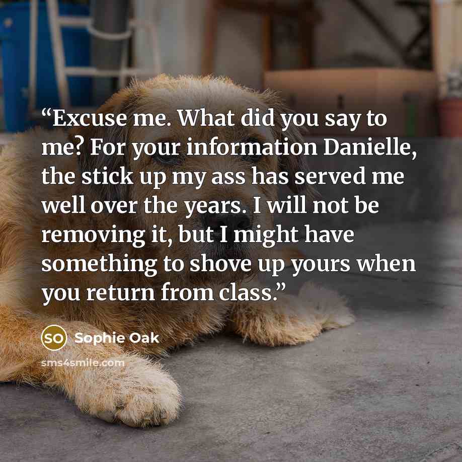 “Excuse me. What did you say to me? For your information Danielle, the stick up my ass has served me well over the years. I will not be removing it, but I might have something to shove up yours when you return from class.” quote by Sophie Oak