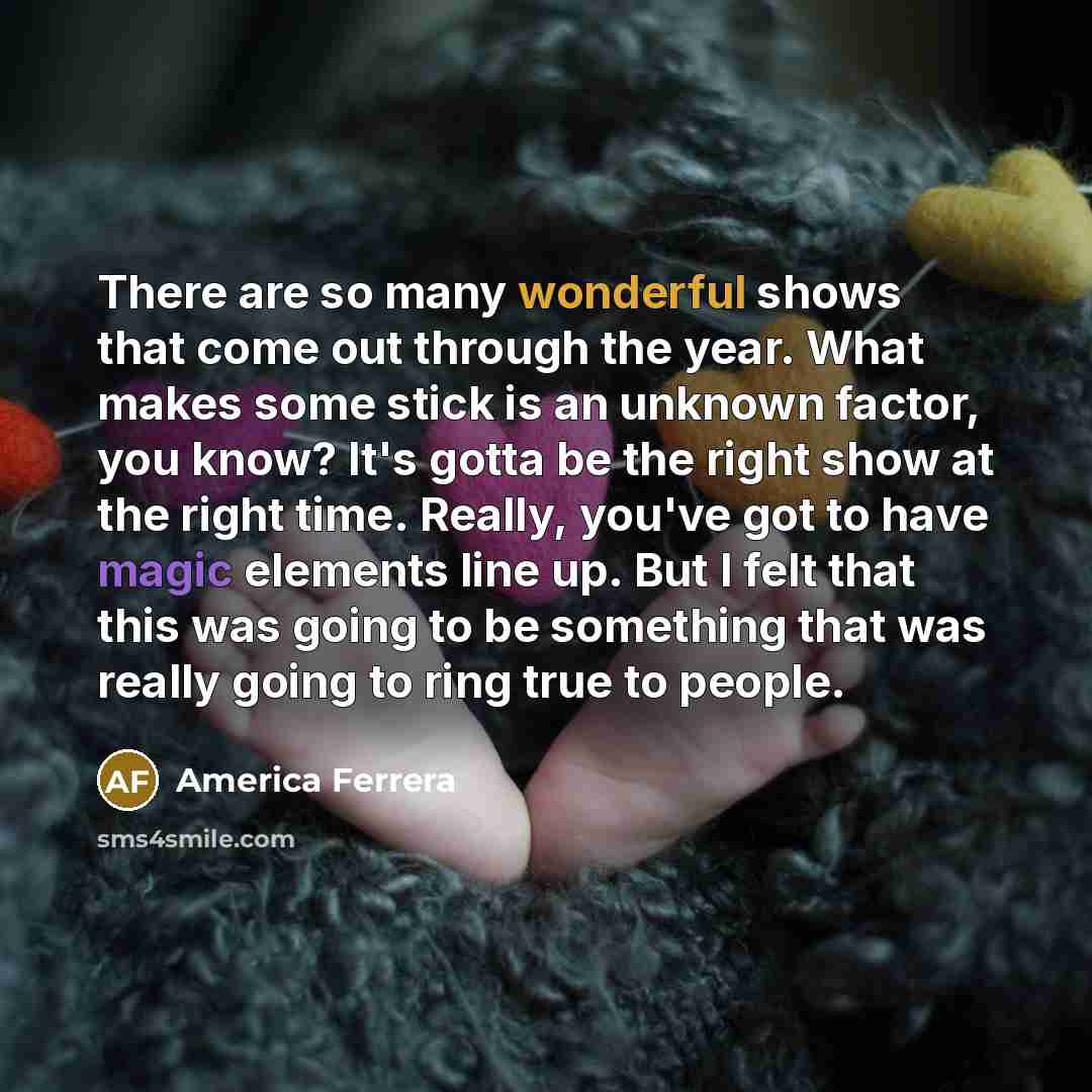 “There are so many wonderful shows that come out through the year. What makes some stick is an unknown factor, you know? It's gotta be the right show at the right time. Really, you've got to have magic elements line up. But I felt that this was going to be something that was really going to ring…” quote by America Ferrera