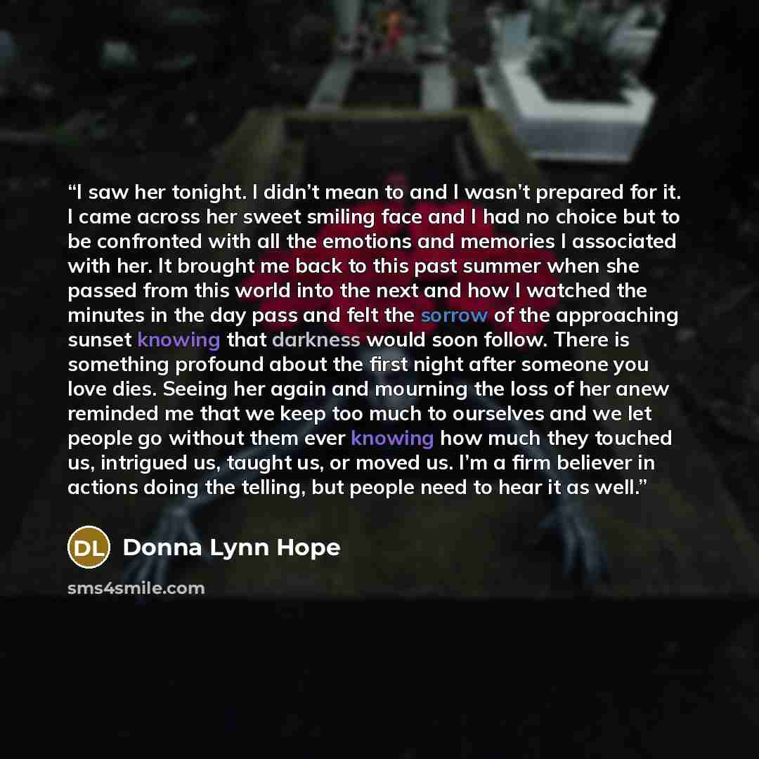 “I saw her tonight. I didn’t mean to and I wasn’t prepared for it. I came across her sweet smiling face and I had no choice but to be confronted with all the emotions and memories I associated with her. It brought me back to this past summer when she passed from this world into the next and how I…” quote by Donna Lynn Hope