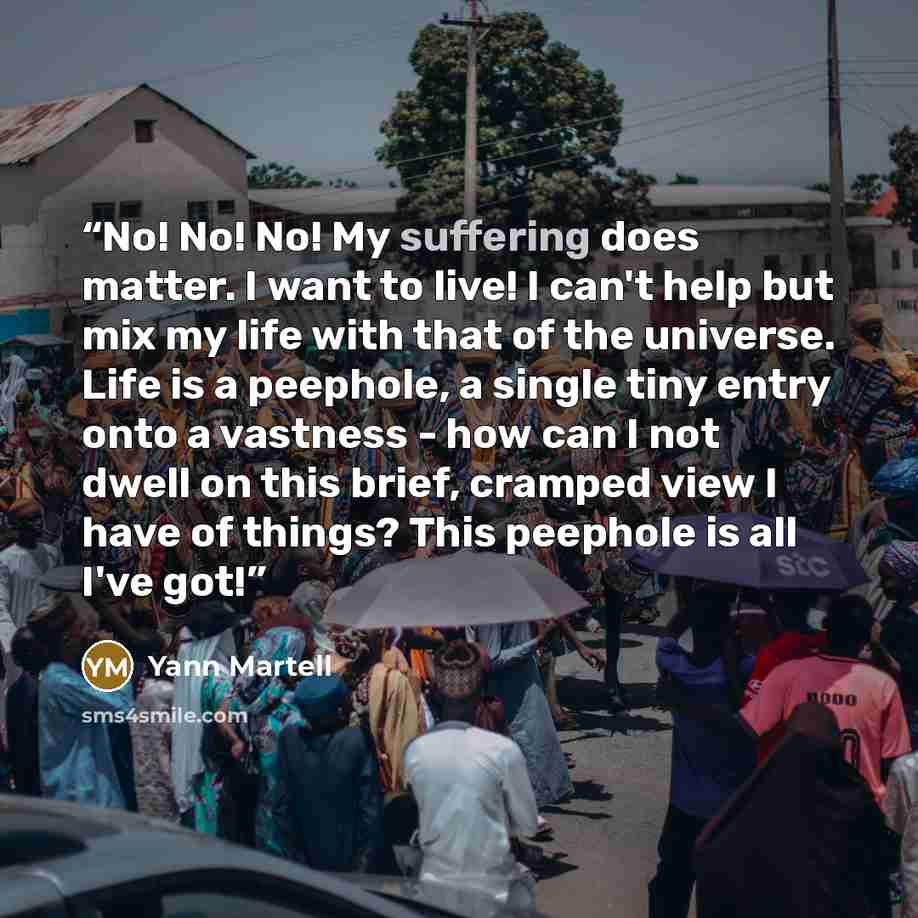 “No! No! No! My suffering does matter. I want to live! I can't help but mix my life with that of the universe. Life is a peephole, a single tiny entry onto a vastness - how can I not dwell on this brief, cramped view I have of things? This peephole is all I've got!” quote by Yann Martell