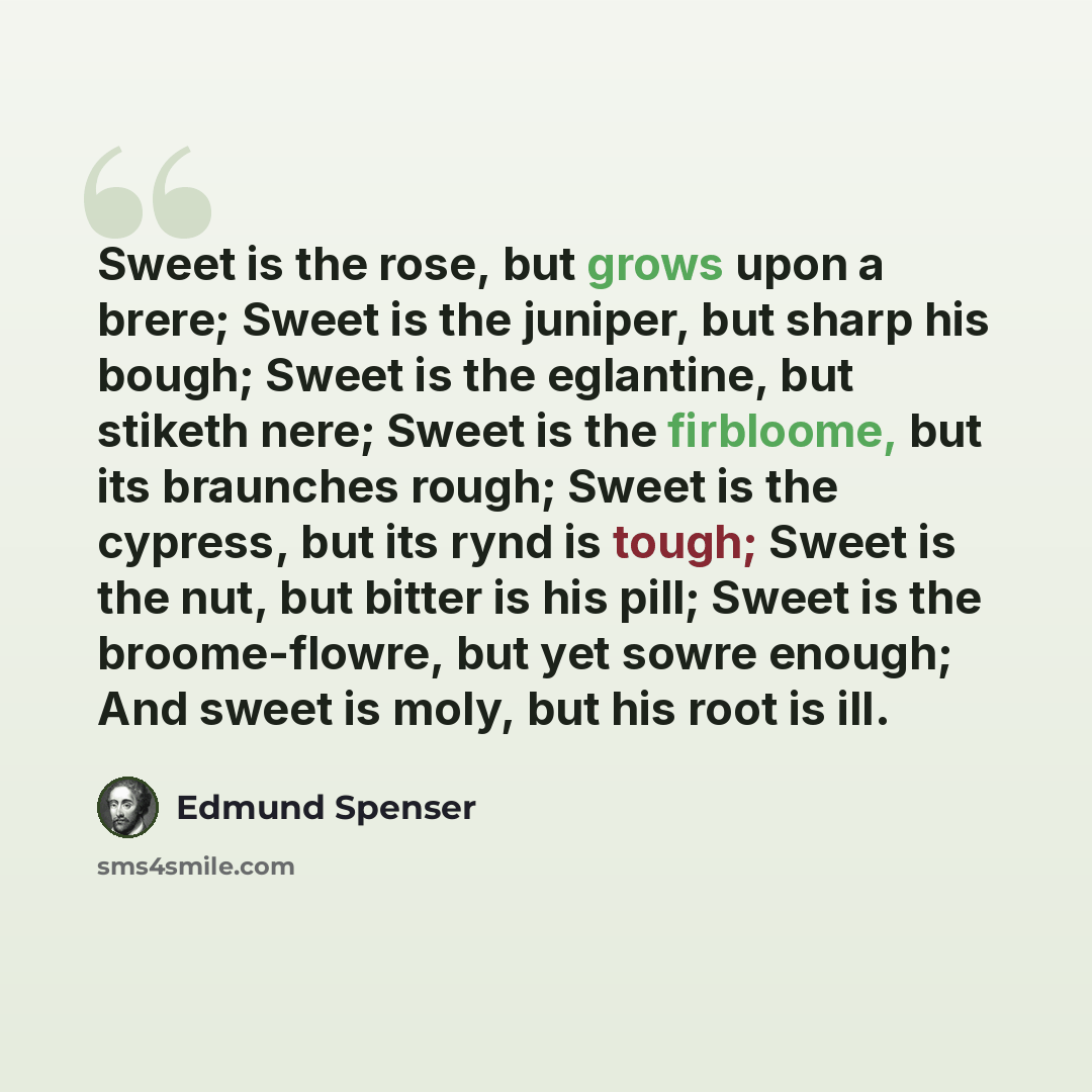 “Sweet is the rose, but grows upon a brere; Sweet is the juniper, but sharp his bough; Sweet is the eglantine, but stiketh nere; Sweet is the firbloome, but its braunches rough; Sweet is the cypress, but its rynd is tough; Sweet is the nut, but bitter is his pill; Sweet is the broome-flowre, but…” quote by Edmund Spenser