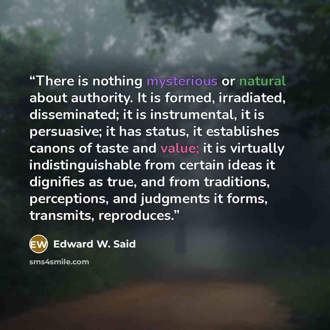 “There is nothing mysterious or natural about authority. It is formed, irradiated, disseminated; it is instrumental, it is persuasive; it has status, it establishes canons of taste and value; it is virtually indistinguishable from certain ideas it dignifies as true, and from traditions…” quote by Edward W. Said