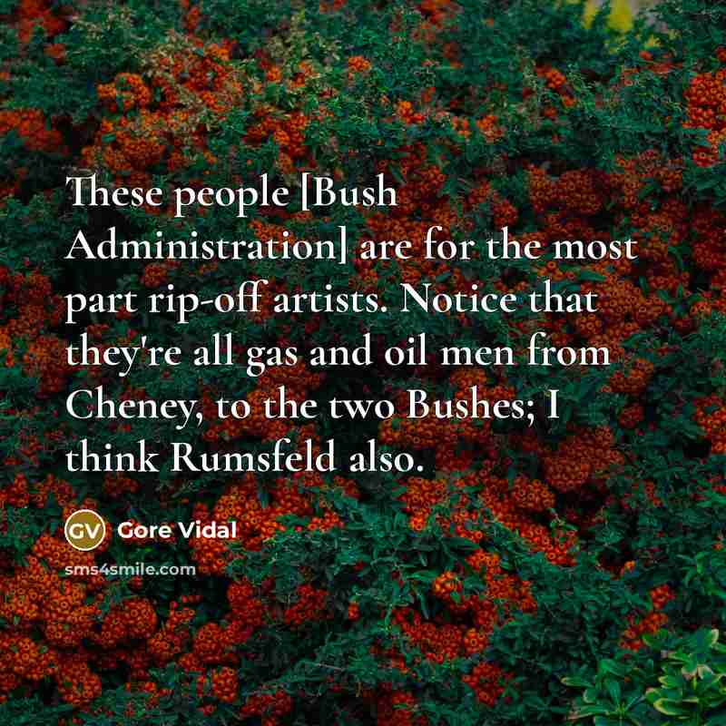 “These people [Bush Administration] are for the most part rip-off artists. Notice that they're all gas and oil men from Cheney, to the two Bushes; I think Rumsfeld also.” quote by Gore Vidal