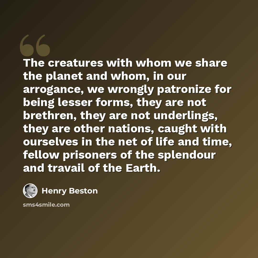 “The creatures with whom we share the planet and whom, in our arrogance, we wrongly patronize for being lesser forms, they are not brethren, they are not underlings, they are other nations, caught with ourselves in the net of life and time, fellow prisoners of the splendour and travail of the Earth.” quote by Henry Beston