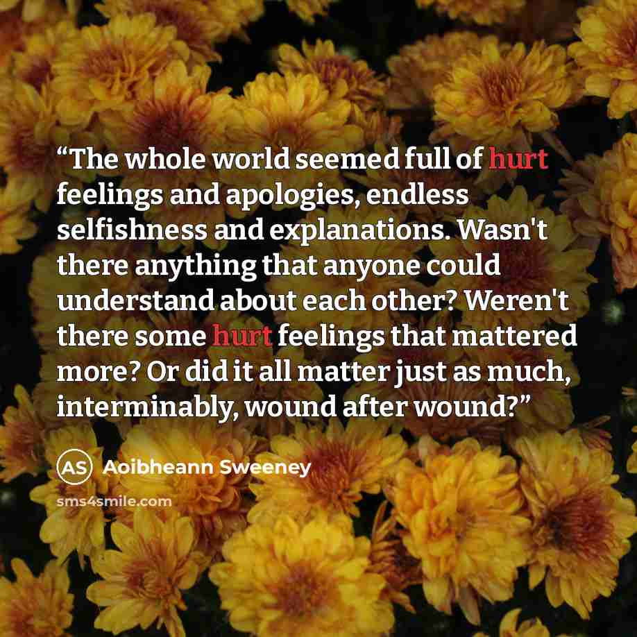 “The whole world seemed full of hurt feelings and apologies, endless selfishness and explanations. Wasn't there anything that anyone could understand about each other? Weren't there some hurt feelings that mattered more? Or did it all matter just as much, interminably, wound after wound?” quote by Aoibheann Sweeney