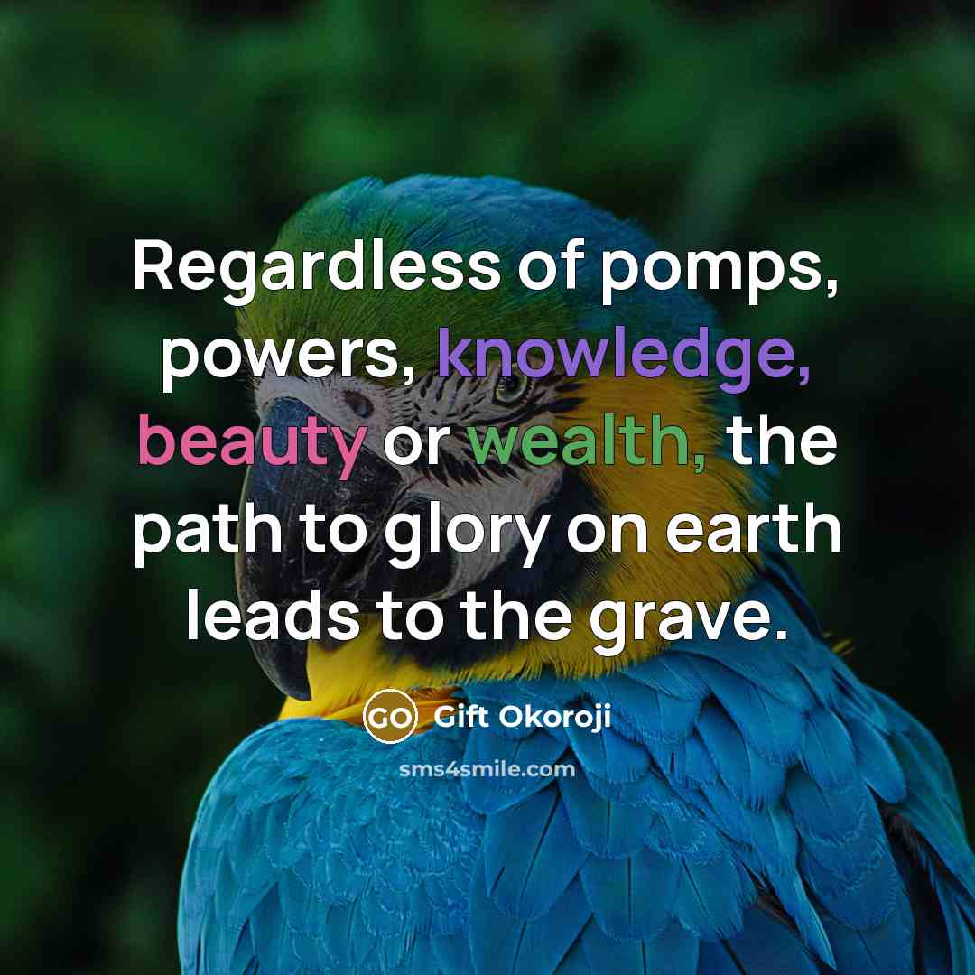 “Regardless of pomps, powers, knowledge, beauty or wealth, the path to glory on earth leads to the grave.” quote by Gift Okoroji