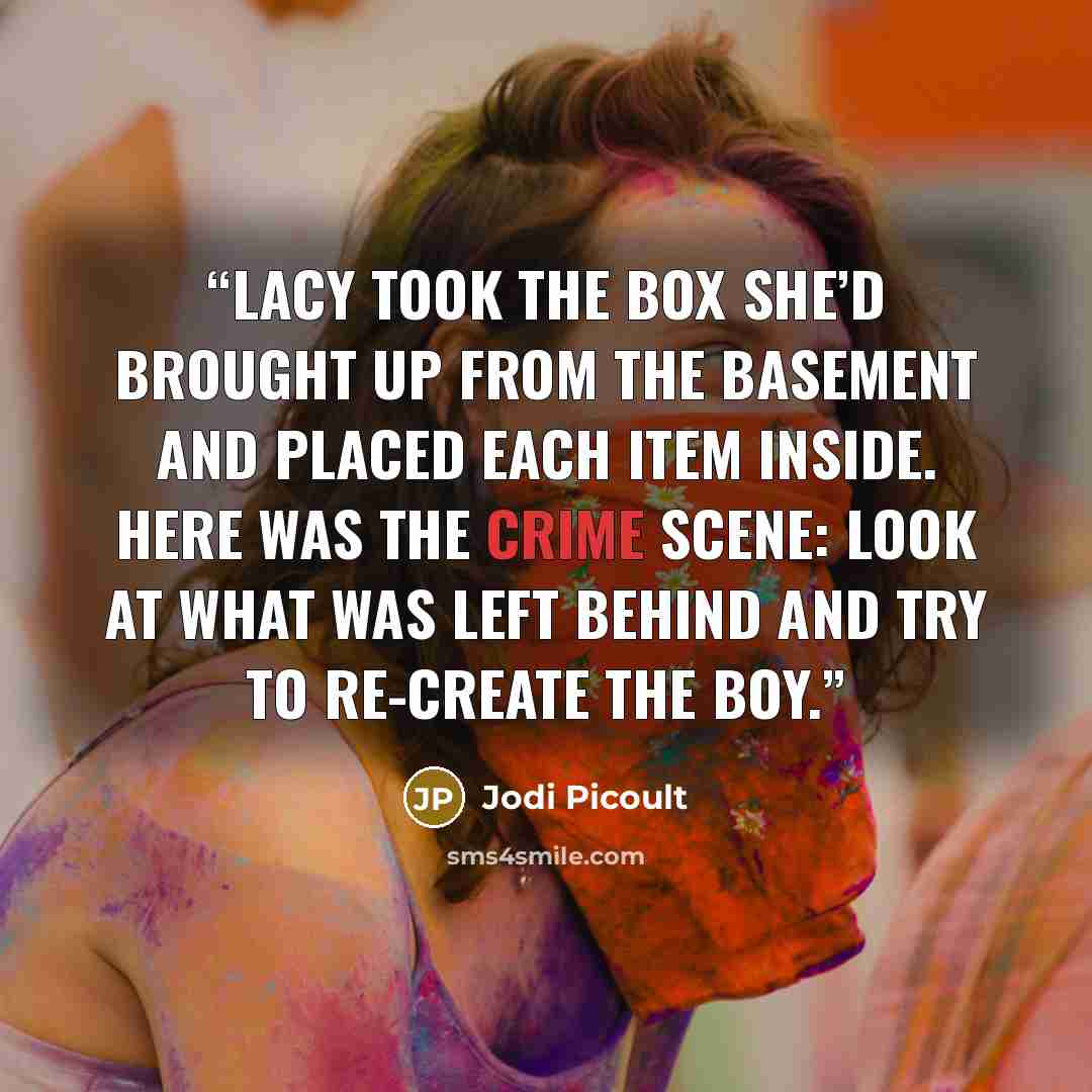 “Lacy took the box she’d brought up from the basement and placed each item inside. Here was the crime scene: look at what was left behind and try to re-create the boy.” quote by Jodi Picoult
