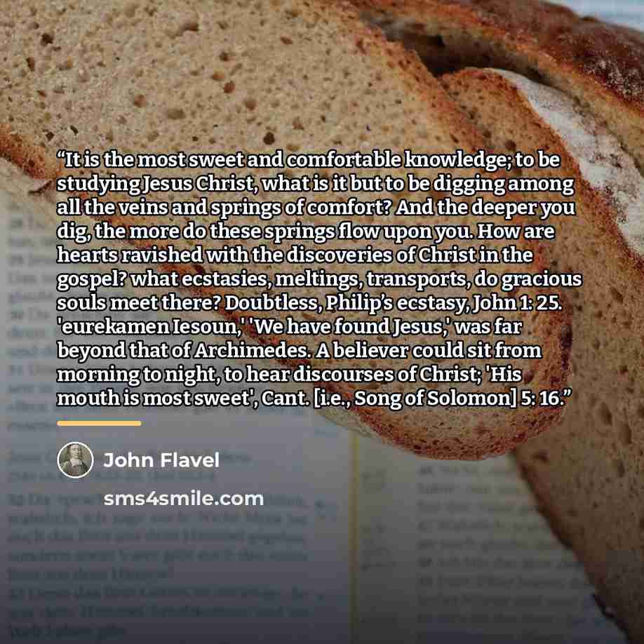 “It is the most sweet and comfortable knowledge; to be studying Jesus Christ, what is it but to be digging among all the veins and springs of comfort? And the deeper you dig, the more do these springs flow upon you. How are hearts ravished with the discoveries of Christ in the gospel? what…” quote by John Flavel