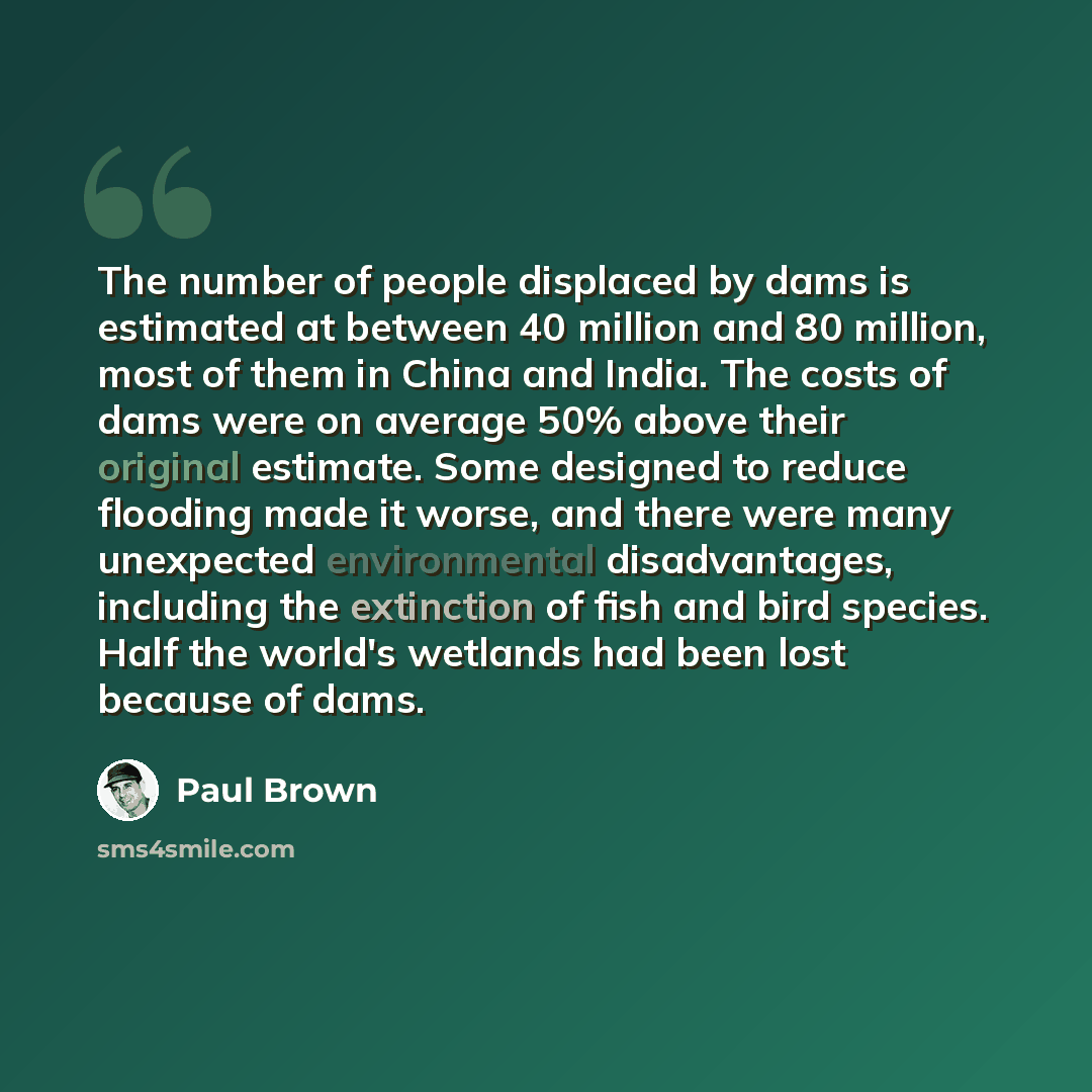 “The number of people displaced by dams is estimated at between 40 million and 80 million, most of them in China and India. The costs of dams were on average 50% above their original estimate. Some designed to reduce flooding made it worse, and there were many unexpected environmental…” quote by Paul Brown