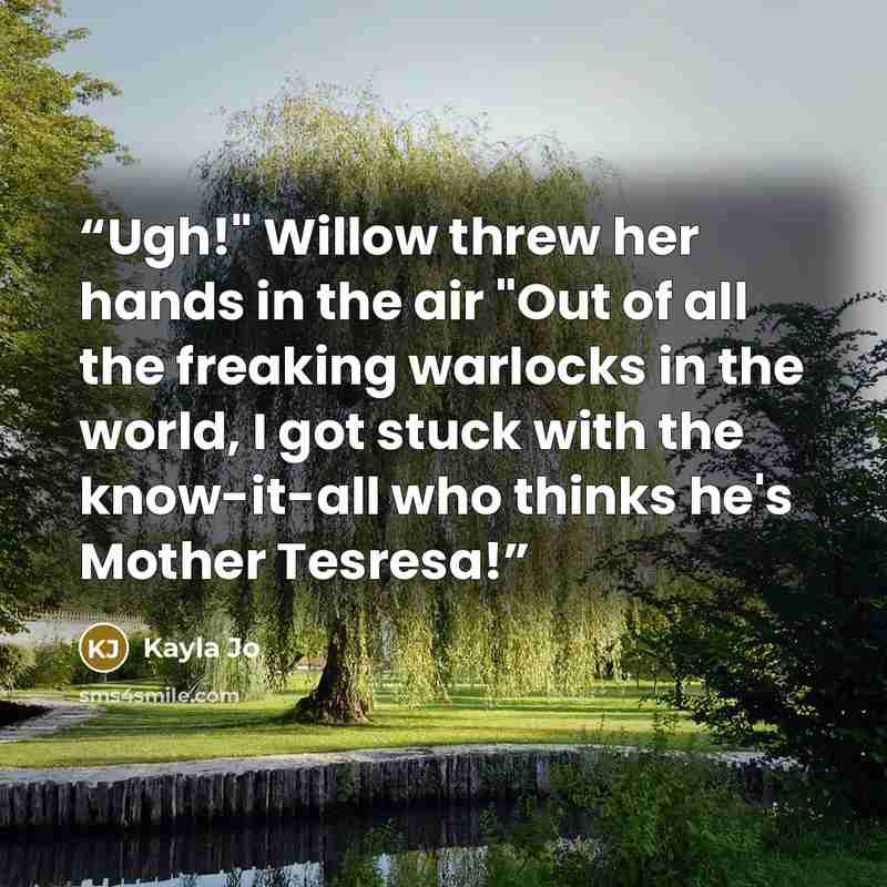 “Ugh!" Willow threw her hands in the air "Out of all the freaking warlocks in the world, I got stuck with the know-it-all who thinks he's Mother Tesresa!” quote by Kayla Jo