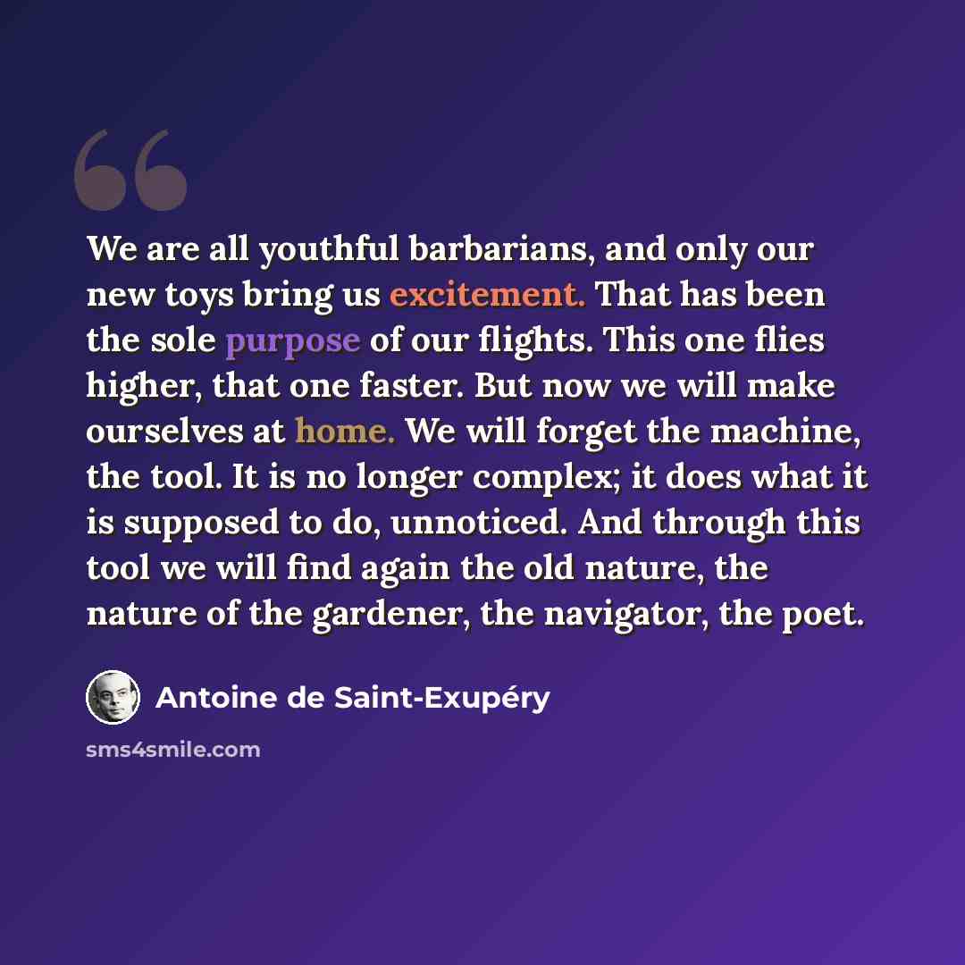 “We are all youthful barbarians, and only our new toys bring us excitement. That has been the sole purpose of our flights. This one flies higher, that one faster. But now we will make ourselves at home. We will forget the machine, the tool. It is no longer complex; it does what it is supposed to…” quote by Antoine de Saint-Exupery
