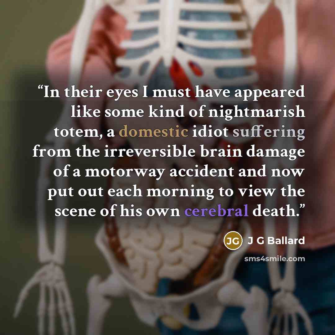 “In their eyes I must have appeared like some kind of nightmarish totem, a domestic idiot suffering from the irreversible brain damage of a motorway accident and now put out each morning to view the scene of his own cerebral death.” quote by J G Ballard