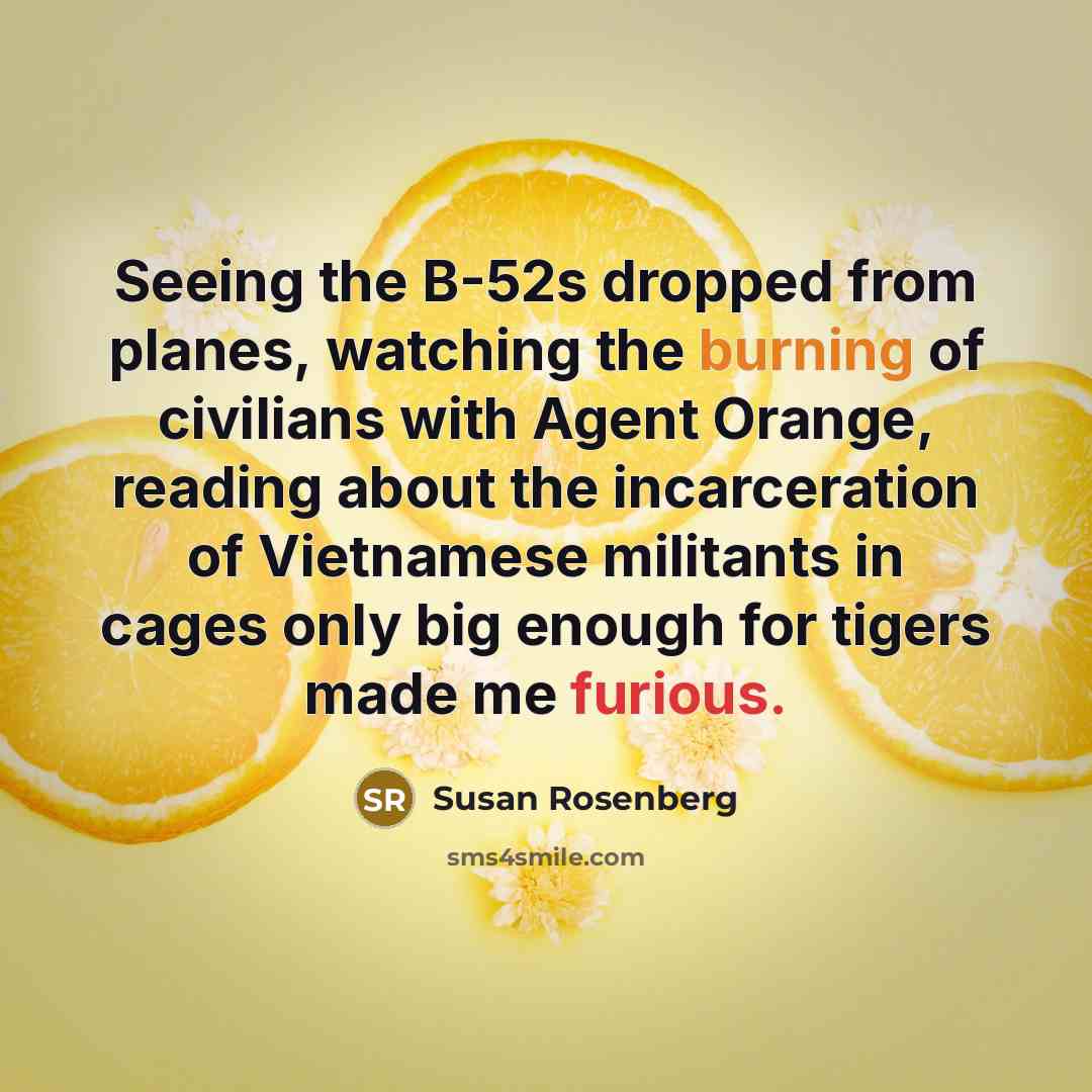 “Seeing the B-52s dropped from planes, watching the burning of civilians with Agent Orange, reading about the incarceration of Vietnamese militants in cages only big enough for tigers made me furious.” quote by Susan Rosenberg