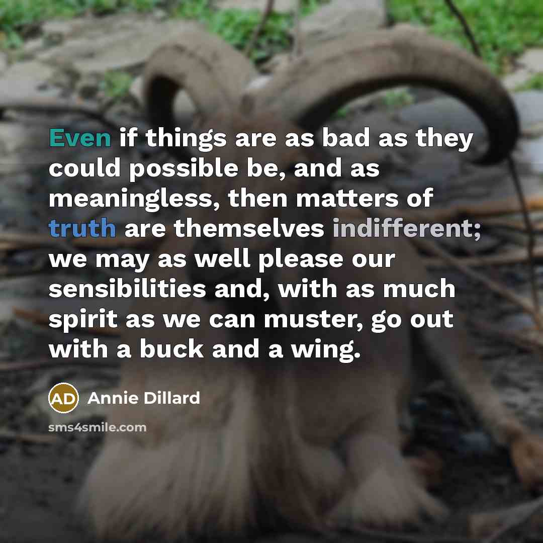 “Even if things are as bad as they could possible be, and as meaningless, then matters of truth are themselves indifferent; we may as well please our sensibilities and, with as much spirit as we can muster, go out with a buck and a wing.” quote by Annie Dillard