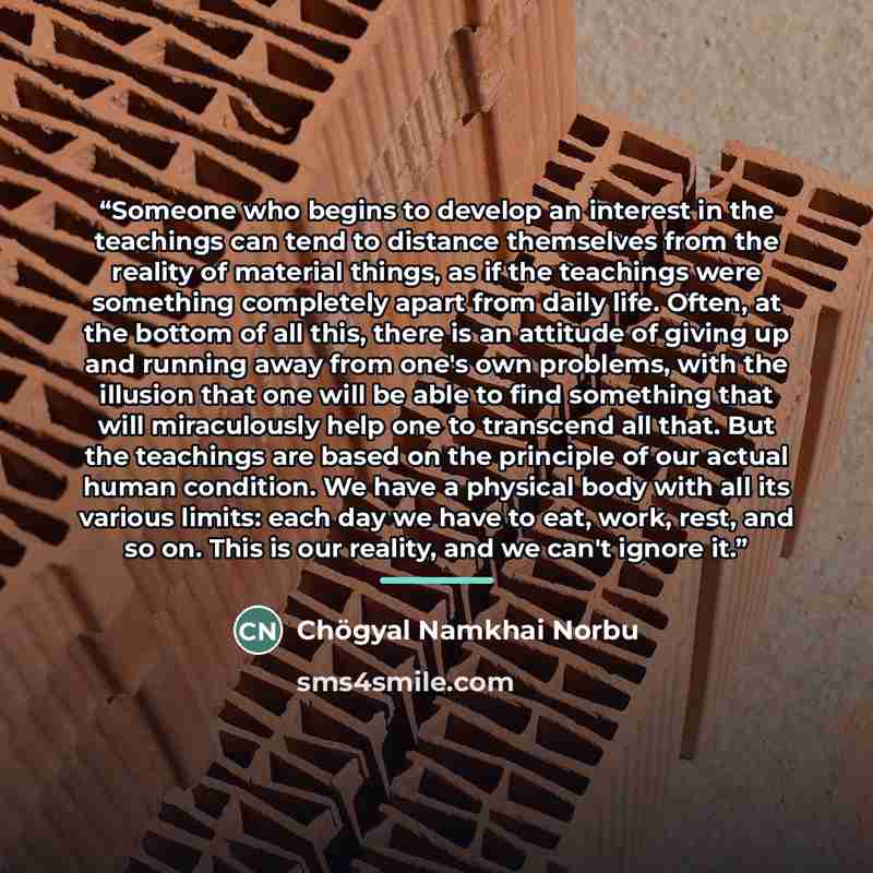 “Someone who begins to develop an interest in the teachings can tend to distance themselves from the reality of material things, as if the teachings were something completely apart from daily life. Often, at the bottom of all this, there is an attitude of giving up and running away from one's own…” quote by Chögyal Namkhai Norbu