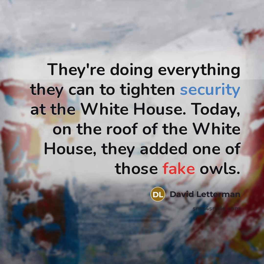 “They're doing everything they can to tighten security at the White House. Today, on the roof of the White House, they added one of those fake owls.” quote by David Letterman