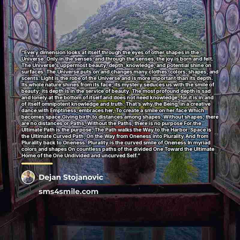 “Every dimension looks at itself through the eyes of other shapes in the Universe. Only in the senses, and through the senses, the joy is born and felt. The Universe's uppermost beauty, depth, knowledge, and potential shine on surfaces. The Universe puts on and changes many clothes, colors, shapes…” quote by Dejan Stojanovic