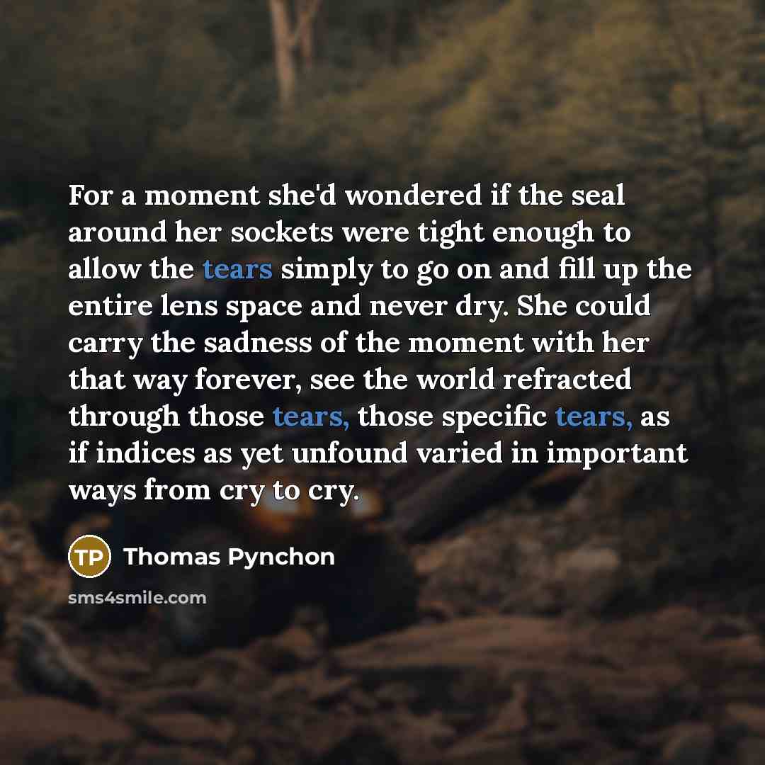 “For a moment she'd wondered if the seal around her sockets were tight enough to allow the tears simply to go on and fill up the entire lens space and never dry. She could carry the sadness of the moment with her that way forever, see the world refracted through those tears, those specific tears…” quote by Thomas Pynchon