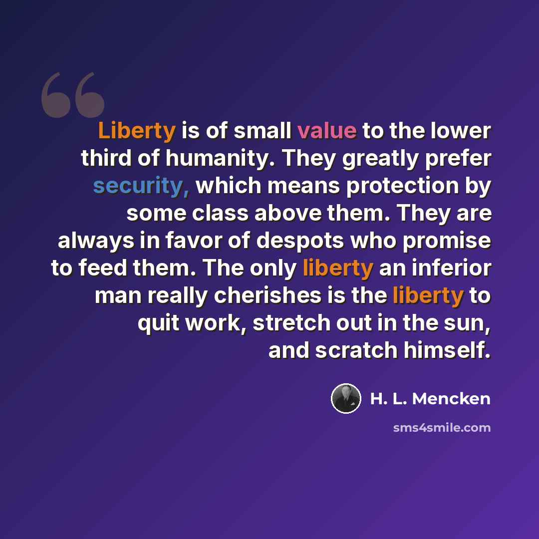 “Liberty is of small value to the lower third of humanity. They greatly prefer security, which means protection by some class above them. They are always in favor of despots who promise to feed them. The only liberty an inferior man really cherishes is the liberty to quit work, stretch out in the…” quote by H. L. Mencken