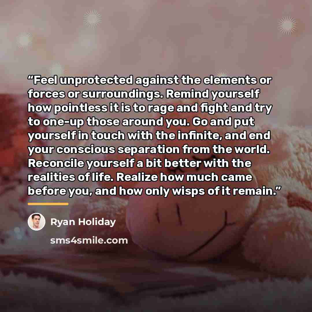 “Feel unprotected against the elements or forces or surroundings. Remind yourself how pointless it is to rage and fight and try to one-up those around you. Go and put yourself in touch with the infinite, and end your conscious separation from the world. Reconcile yourself a bit better with the…” quote by Ryan Holiday
