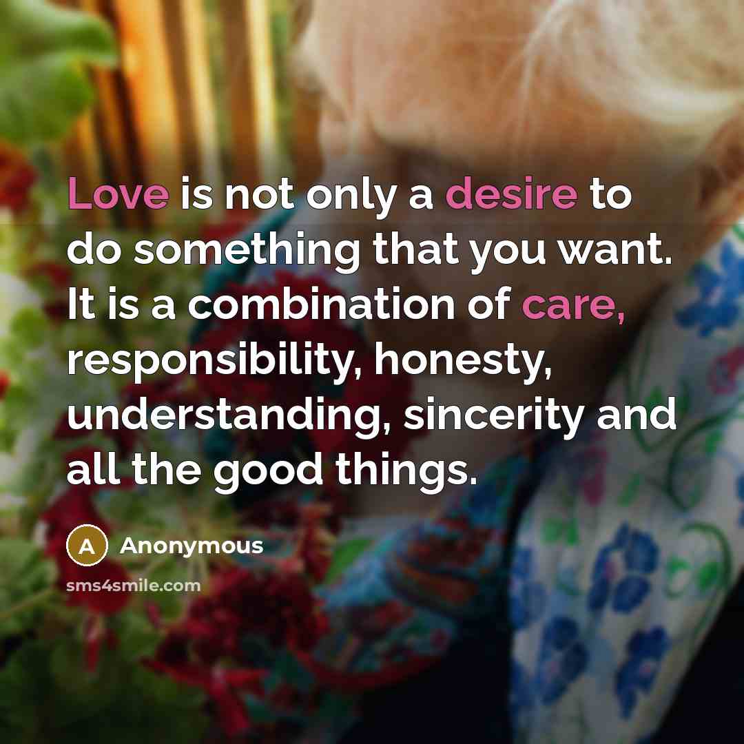 “Love is not only a desire to do something that you want. It is a combination of care, responsibility, honesty, understanding, sincerity and all the good things.” quote by Anonymous