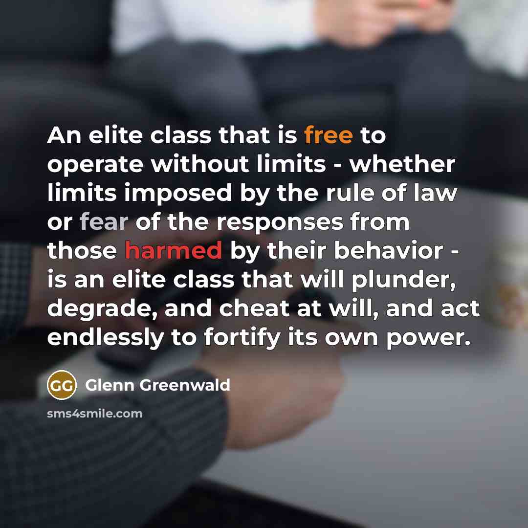 “An elite class that is free to operate without limits - whether limits imposed by the rule of law or fear of the responses from those harmed by their behavior - is an elite class that will plunder, degrade, and cheat at will, and act endlessly to fortify its own power.” quote by Glenn Greenwald