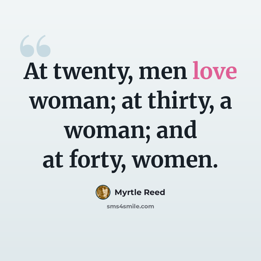 “At twenty, men love woman; at thirty, a woman; and at forty, women.” quote by Myrtle Reed