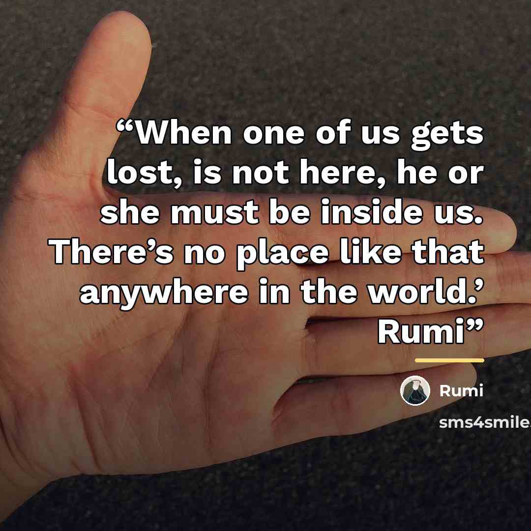 “When one of us gets lost, is not here, he or she must be inside us. There’s no place like that anywhere in the world.’ Rumi” quote by Rumi