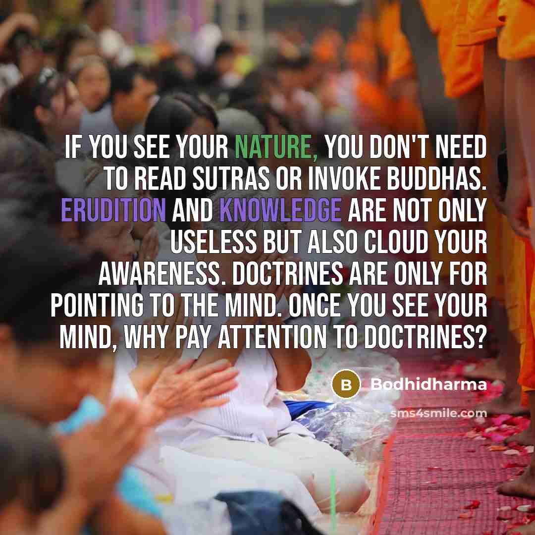 “If you see your nature, you don't need to read sutras or invoke buddhas. Erudition and knowledge are not only useless but also cloud your awareness. Doctrines are only for pointing to the mind. Once you see your mind, why pay attention to doctrines?” quote by Bodhidharma