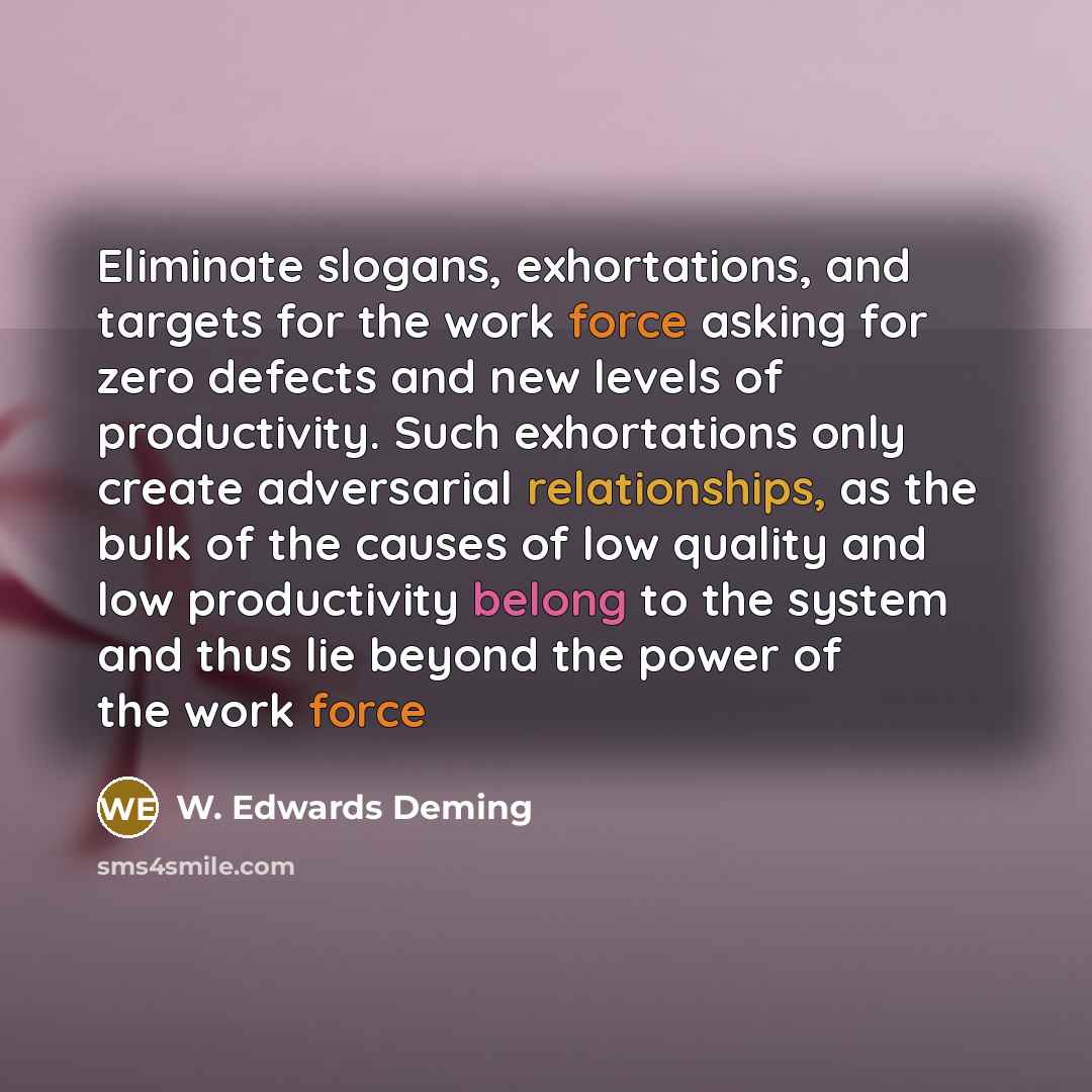 “Eliminate slogans, exhortations, and targets for the work force asking for zero defects and new levels of productivity. Such exhortations only create adversarial relationships, as the bulk of the causes of low quality and low productivity belong to the system and thus lie beyond the power of the…” quote by W. Edwards Deming