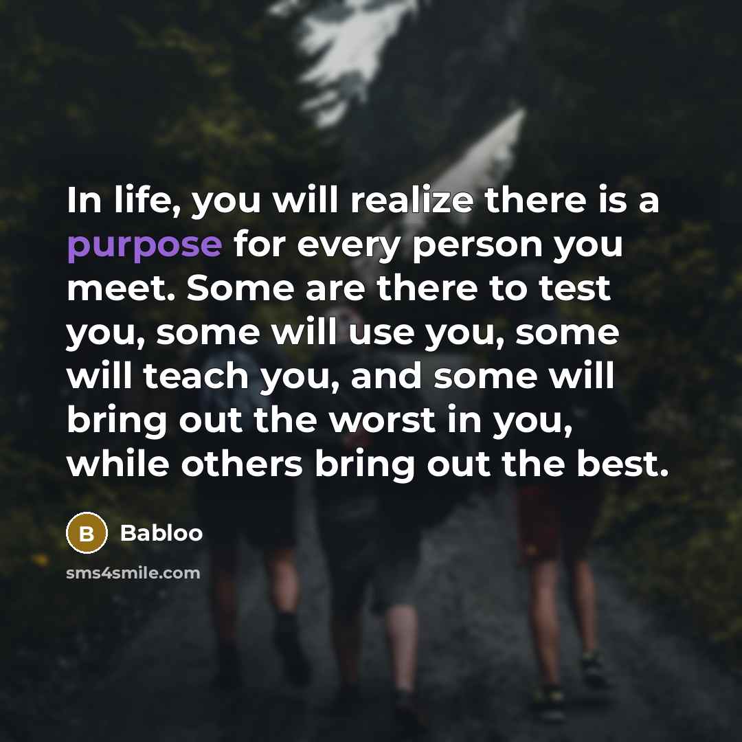 “In life, you will realize there is a purpose for every person you meet. Some are there to test you, some will use you, some will teach you, and some will bring out the worst in you, while others bring out the best.” quote by Babloo