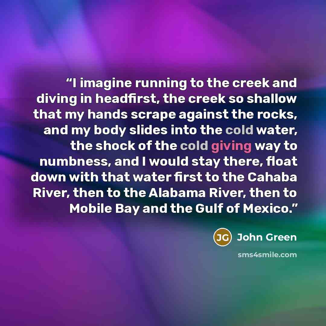 “I imagine running to the creek and diving in headfirst, the creek so shallow that my hands scrape against the rocks, and my body slides into the cold water, the shock of the cold giving way to numbness, and I would stay there, float down with that water first to the Cahaba River, then to the…” quote by John Green