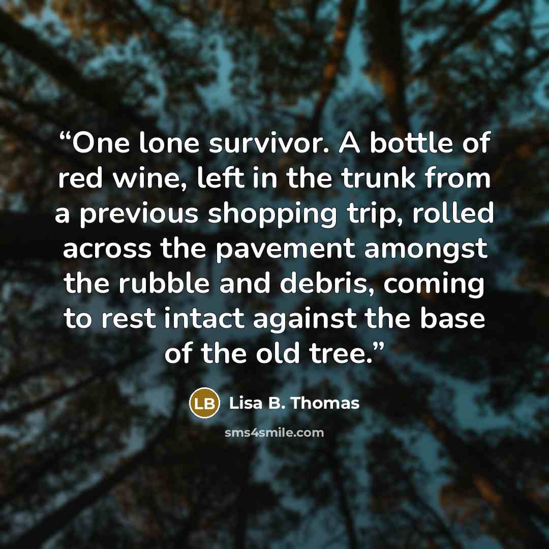 “One lone survivor. A bottle of red wine, left in the trunk from a previous shopping trip, rolled across the pavement amongst the rubble and debris, coming to rest intact against the base of the old tree.” quote by Lisa B. Thomas