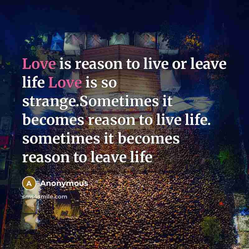 “Love is reason to live or leave life Love is so strange.Sometimes it becomes reason to live life. sometimes it becomes reason to leave life” quote by Anonymous