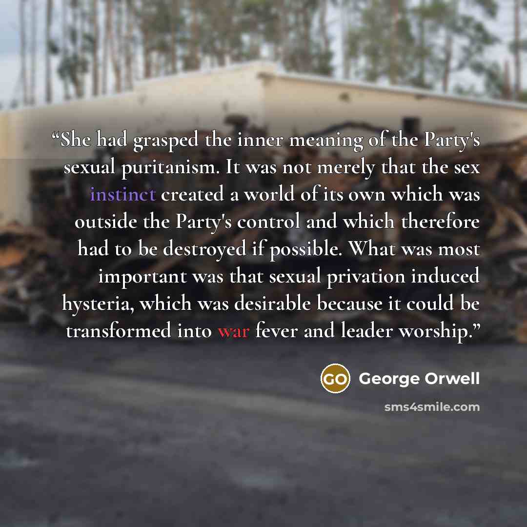 “She had grasped the inner meaning of the Party's sexual puritanism. It was not merely that the sex instinct created a world of its own which was outside the Party's control and which therefore had to be destroyed if possible. What was most important was that sexual privation induced hysteria…” quote by George Orwell