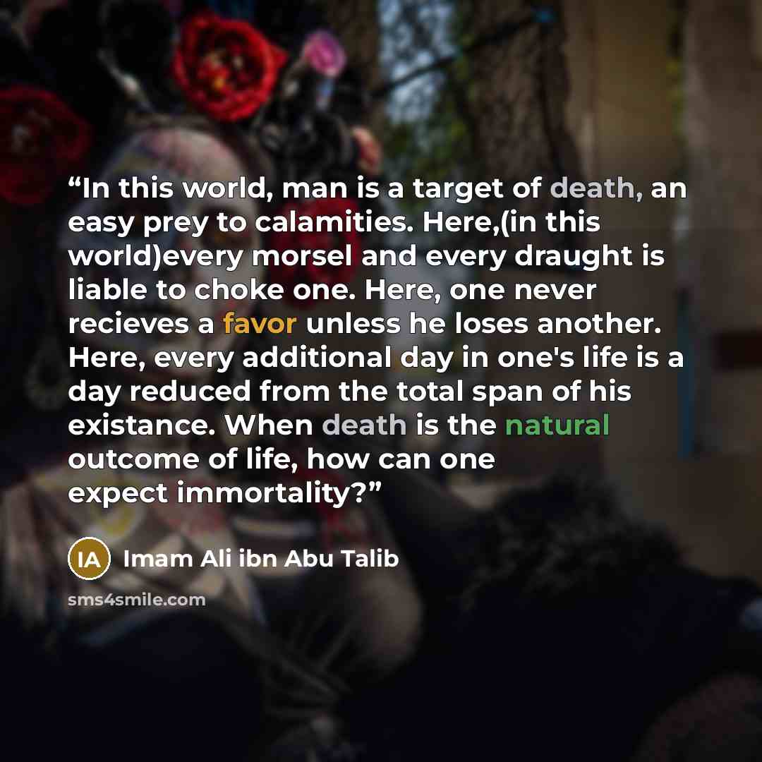 “In this world, man is a target of death, an easy prey to calamities. Here,(in this world)every morsel and every draught is liable to choke one. Here, one never recieves a favor unless he loses another. Here, every additional day in one's life is a day reduced from the total span of his existance…” quote by Imam Ali ibn Abu Talib