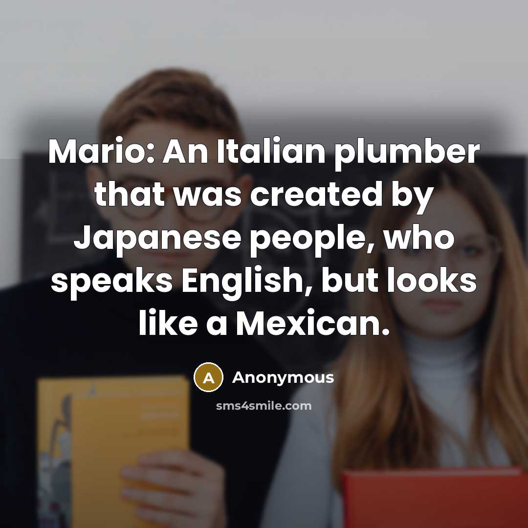 “Mario: An Italian plumber that was created by Japanese people, who speaks English, but looks like a Mexican.” quote by Anonymous