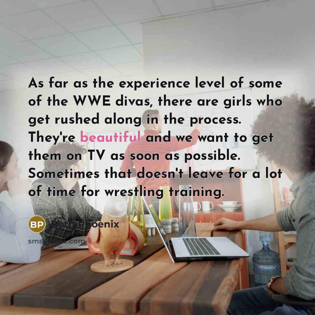 “As far as the experience level of some of the WWE divas, there are girls who get rushed along in the process. They're beautiful and we want to get them on TV as soon as possible. Sometimes that doesn't leave for a lot of time for wrestling training.” quote by Beth Phoenix