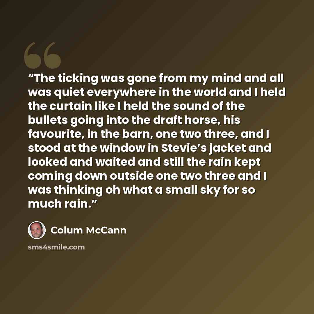 “The ticking was gone from my mind and all was quiet everywhere in the world and I held the curtain like I held the sound of the bullets going into the draft horse, his favourite, in the barn, one two three, and I stood at the window in Stevie’s jacket and looked and waited and still the rain kept…” quote by Colum McCann