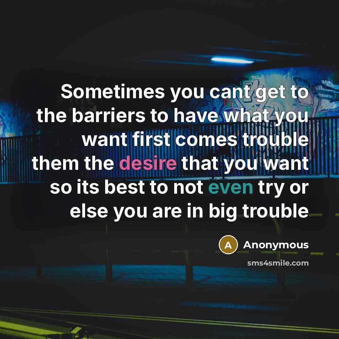 “Sometimes you cant get to the barriers to have what you want first comes trouble them the desire that you want so its best to not even try or else you are in big trouble” quote by Anonymous