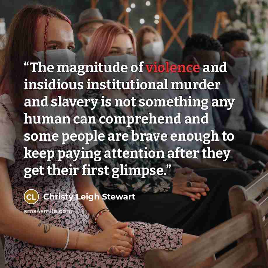 “The magnitude of violence and insidious institutional murder and slavery is not something any human can comprehend and some people are brave enough to keep paying attention after they get their first glimpse.” quote by Christy Leigh Stewart